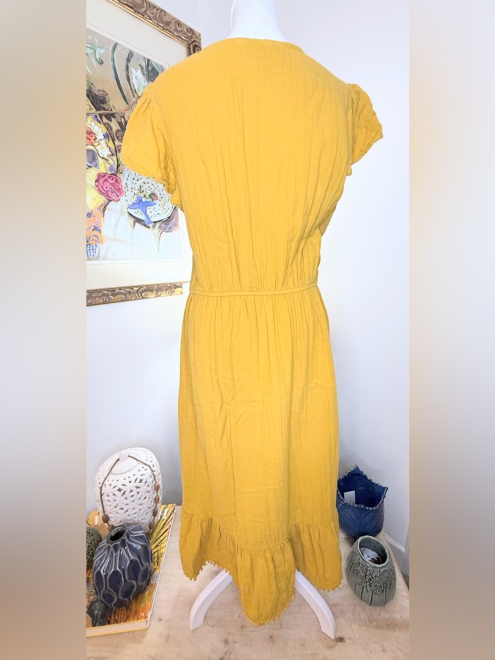 Time Tru Yellow Cotton Gauze Midi Dress L 12 14 Boho Tiered Summer Beach - Picture 5 of 7